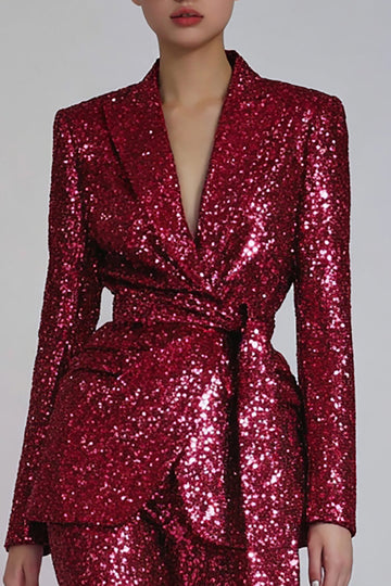 Sparkly Red 2 Pieces Sequins Lapel Women Formal Suits With Sash
